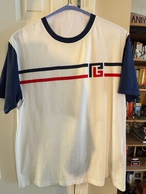 Balmain Men's White and Navy Logo Stripe Tee